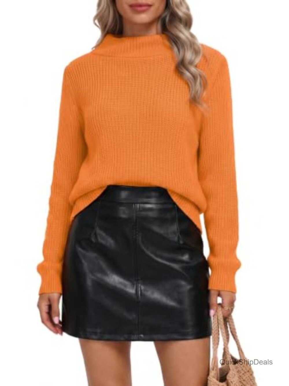 Chunky Knit Mock Turtleneck Pullover Sweater Acrylic Ribbed Cuffs Loose Fit